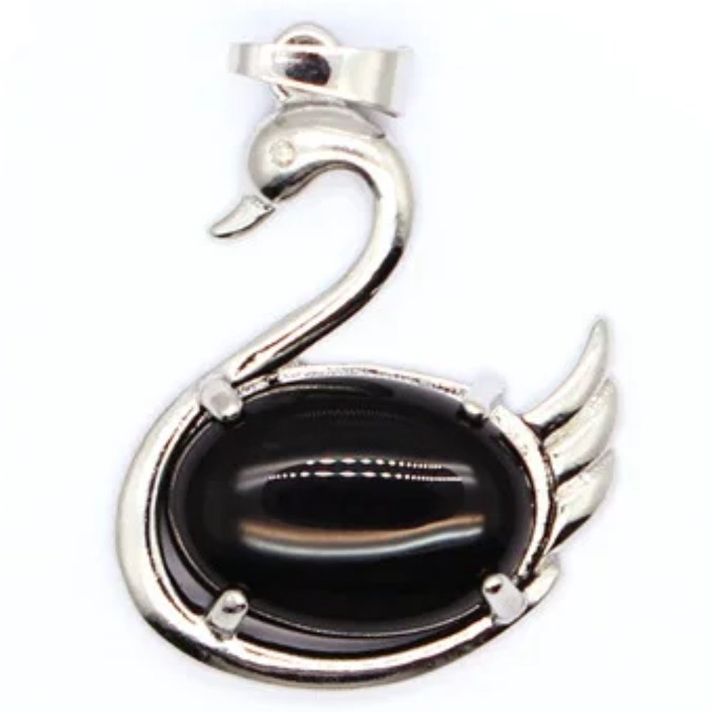 Black Onyx Swan Natural Stones Necklace Gemstone Healing Pendant - Picture 1 of 2